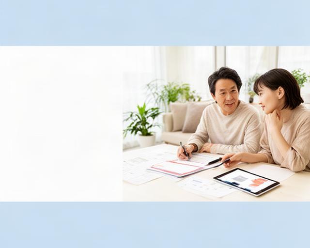 明るいリビングで家計表とタブレットを見ながら資産形成を話し合う夫婦