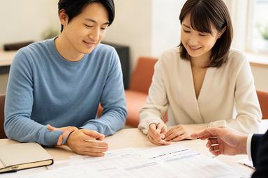 栗東市の共働き家庭が家計表を確認する様子