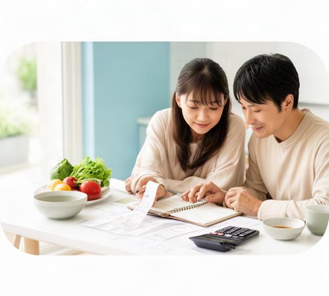 明るいダイニングで家計簿とレシートを見比べる夫婦