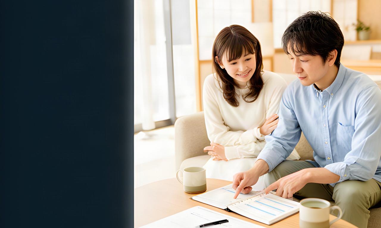 明るいリビングで家計ノートを囲み、将来の計画を話し合う新婚夫婦
