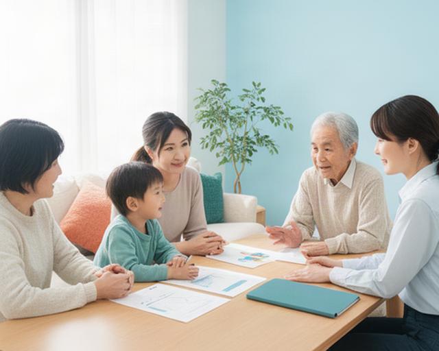 親子と高齢の家族が明るいリビングで家計相談の資料を囲む様子