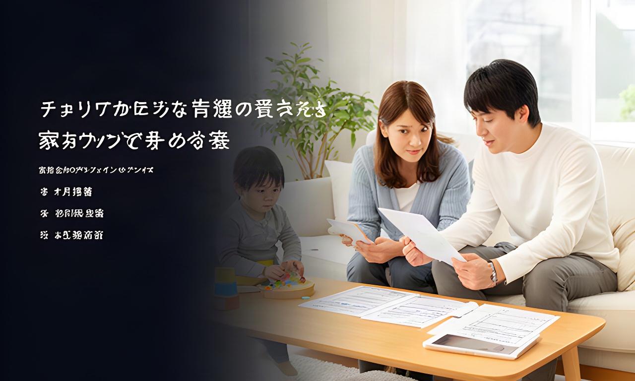 明るいリビングで子どものそばに座り家計表を確認する共働きの夫婦